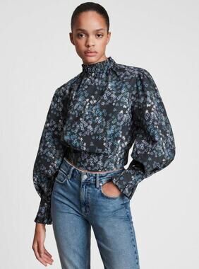 All Saints Luna Asgard Long-Sleeve Casual Poplin Top Ditzy Floral Black Size 6